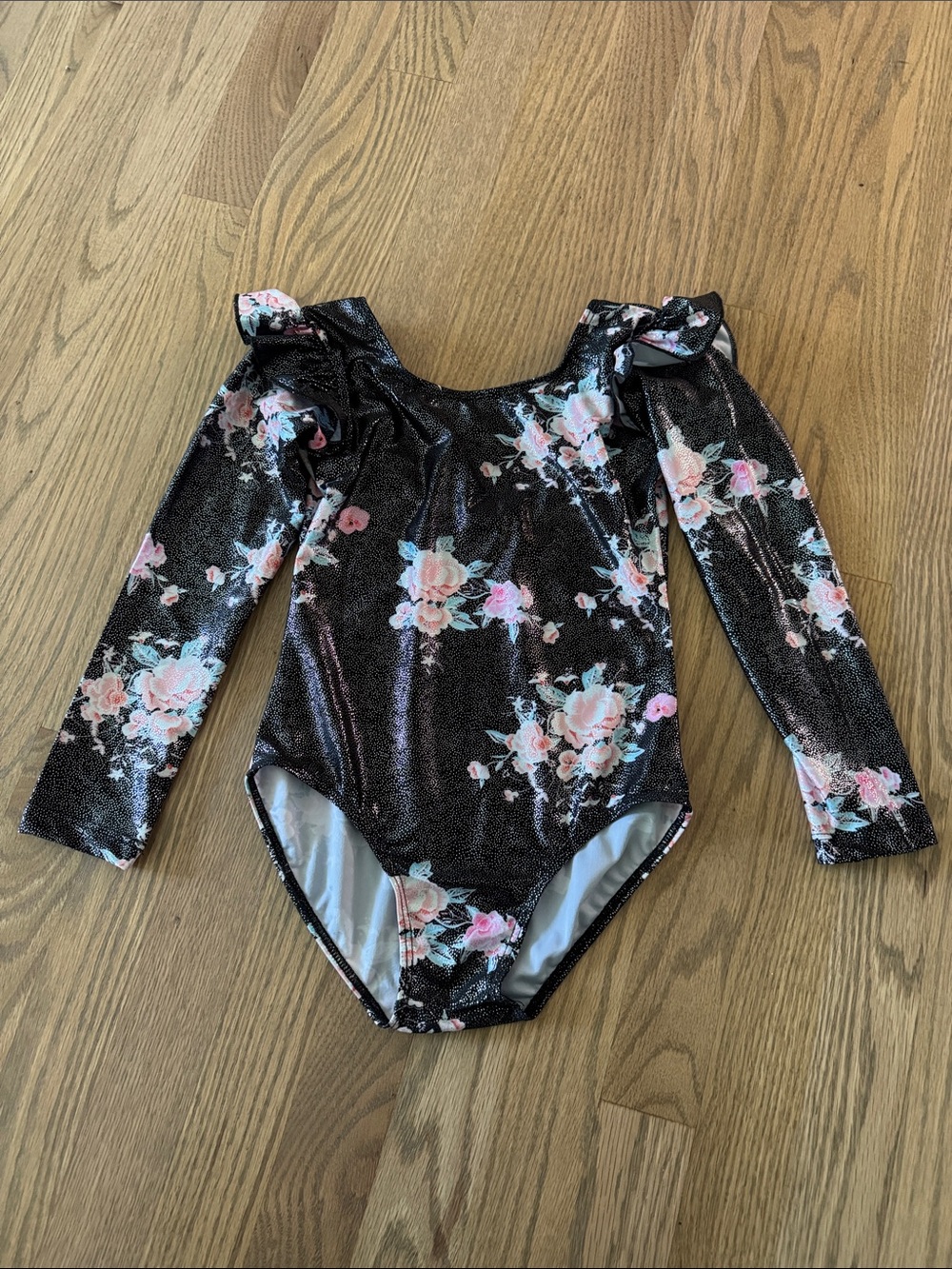 Black Floral Long-Sleeve Dance Leotard with Pink Accents